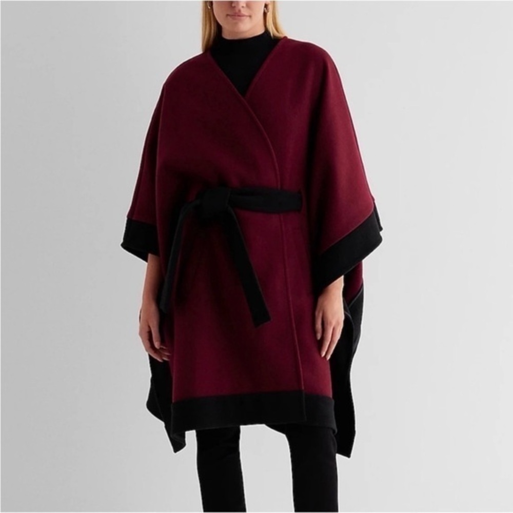 NWT EXPRESS Elegant cape coat with a belted waist. Burgundy with black trim.